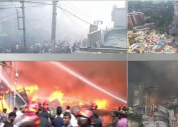 Fire fighters struggle to extinguish blaze in Bangabazar