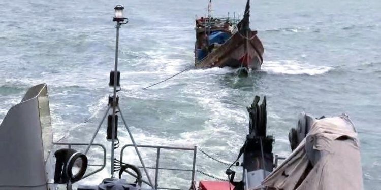 Bangladesh Navy rescues 12 fishermen along with a trawler in the Bay of Bengal